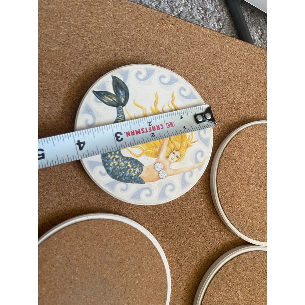 Vintage Mermaid Coasters Set 4 Beach Decor Stoneware Absorbent Style Boxed NOS - Picture 8 of 8